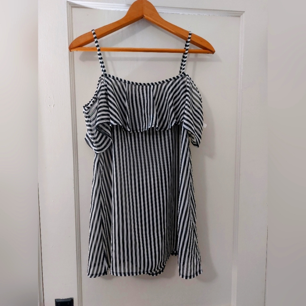 Large Dressy Black and White Shoulderless Blouse by O'Rageous NWT